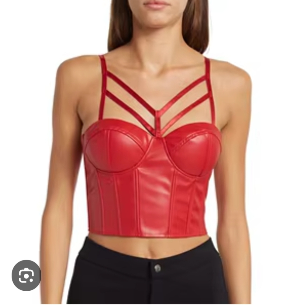 Oppa! faux leather bustier crop top in red, Multi-strap Detailing Size Medium